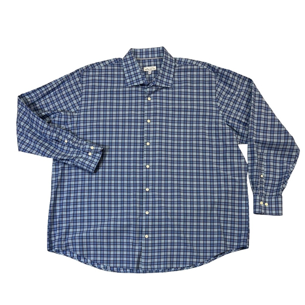 Peter Millar mens 2XL XXL blue plaid cotton blend button up casual shirt EUC